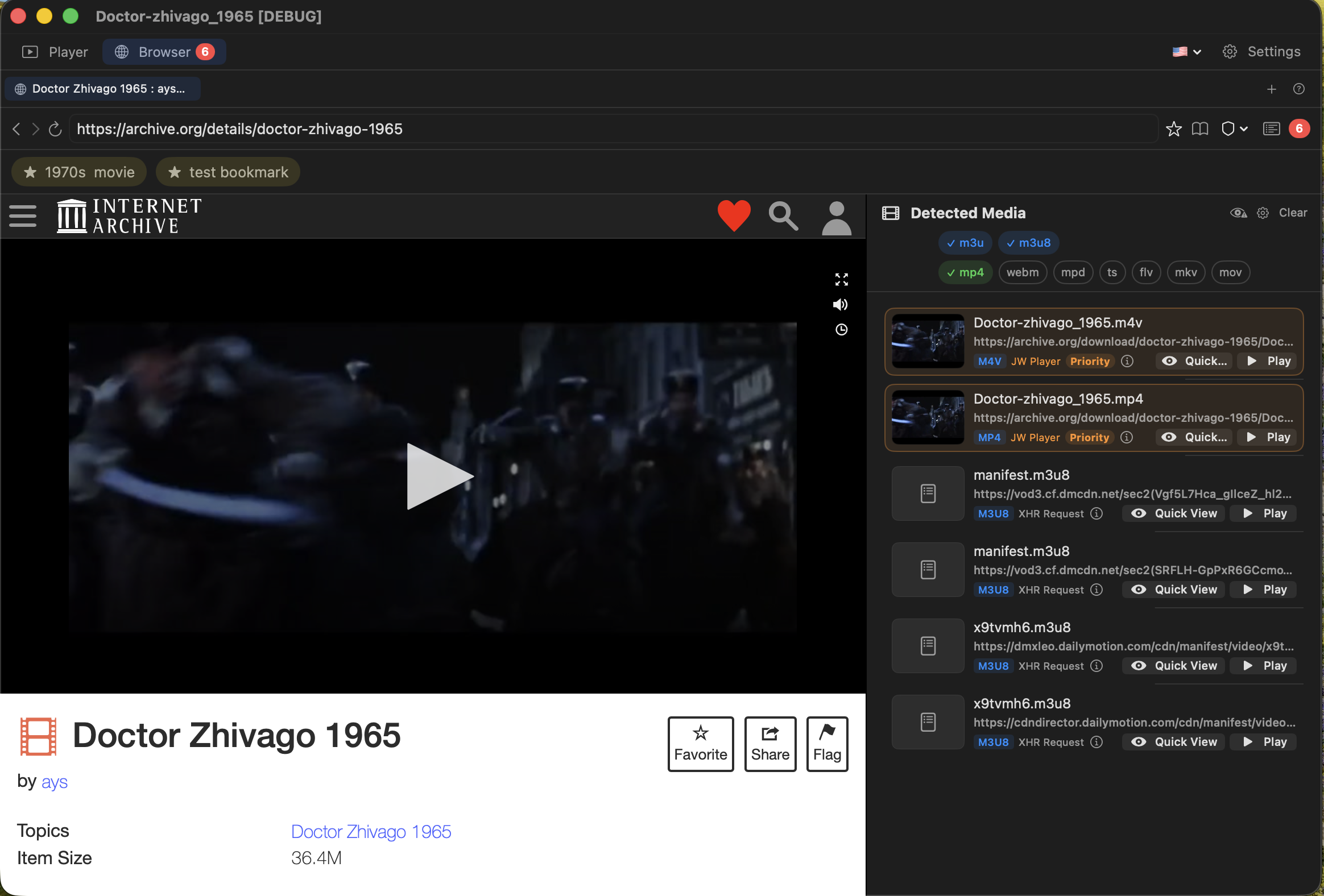 Built-in browser mode — Browsing a video page on Internet Archive with a detected media list on the right showing M4V, MP4, M3U8, and other formats with priority badges