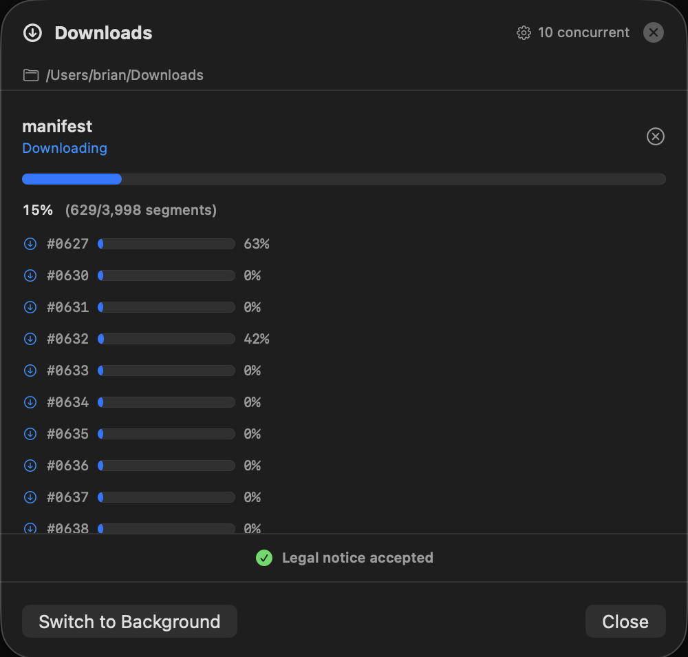 Stream Download — HLS download manager showing parallel segment downloads in progress