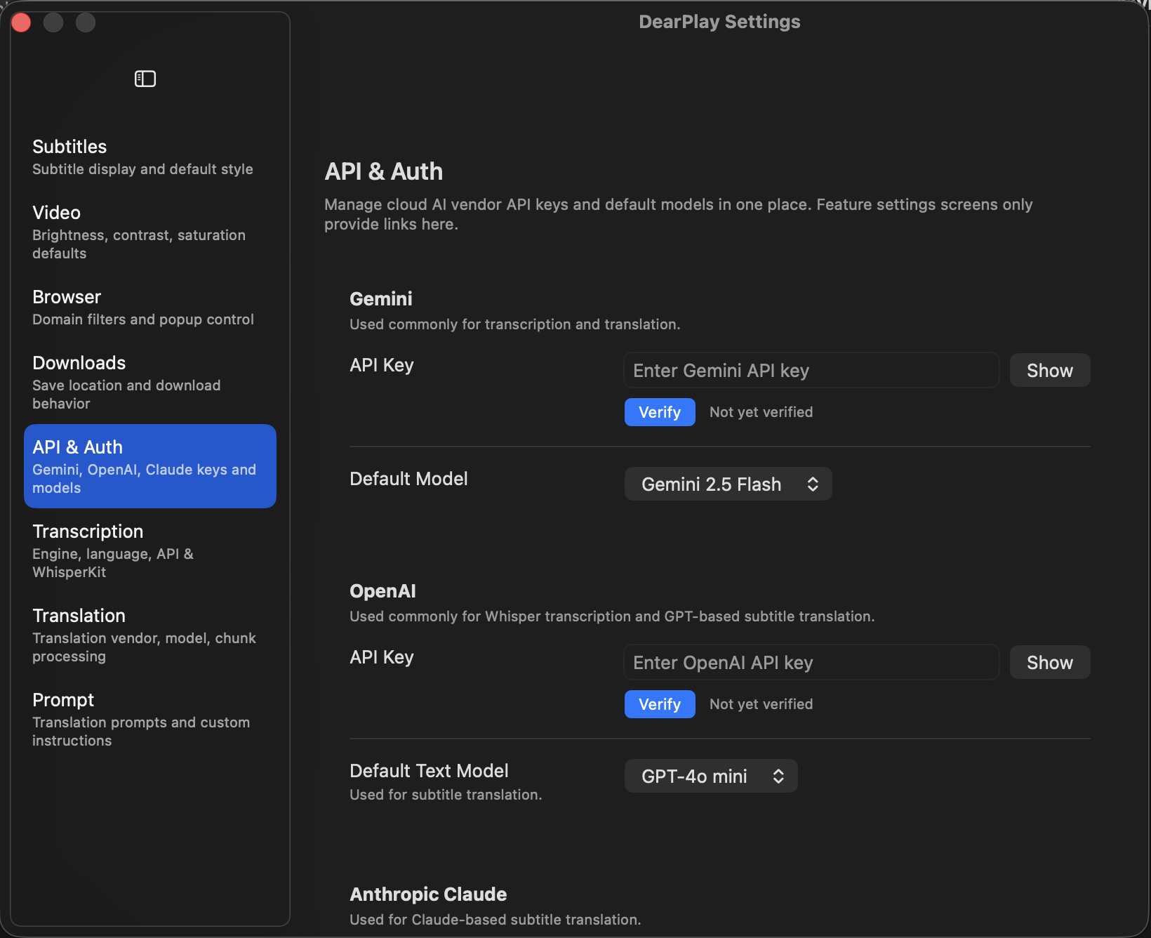 AI engine settings — Settings > API tab showing Gemini, OpenAI, and Anthropic API key input fields with Verify buttons and model selection dropdowns for each engine