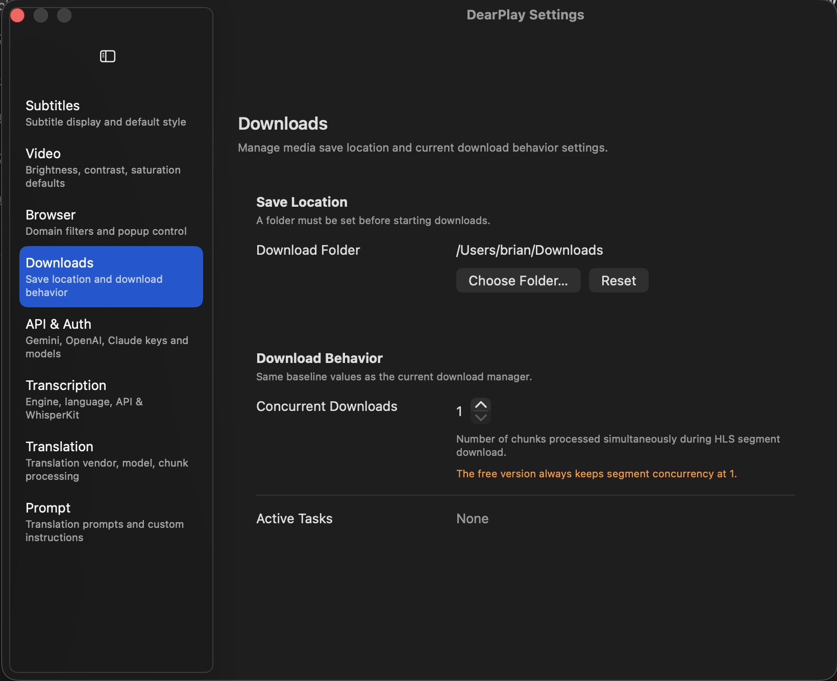 Download settings — Settings > Downloads panel for configuring save location, concurrent downloads, and other download behavior