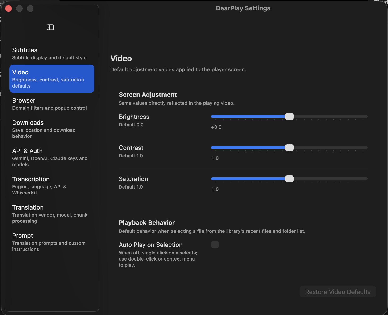 Video adjustments — Brightness, Contrast, and Saturation sliders in the Settings > Video panel